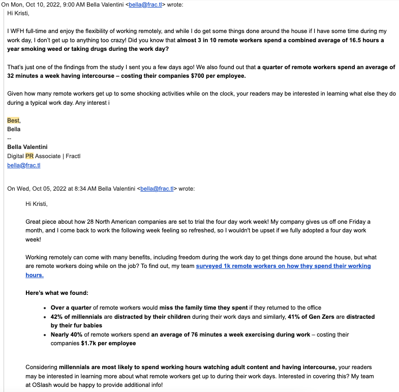 An example Digital PR pitch Fractl sent to earn client coverage on a content marketing campaign