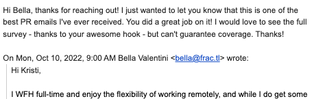 Writer response to Fractl's Digital PR pitch