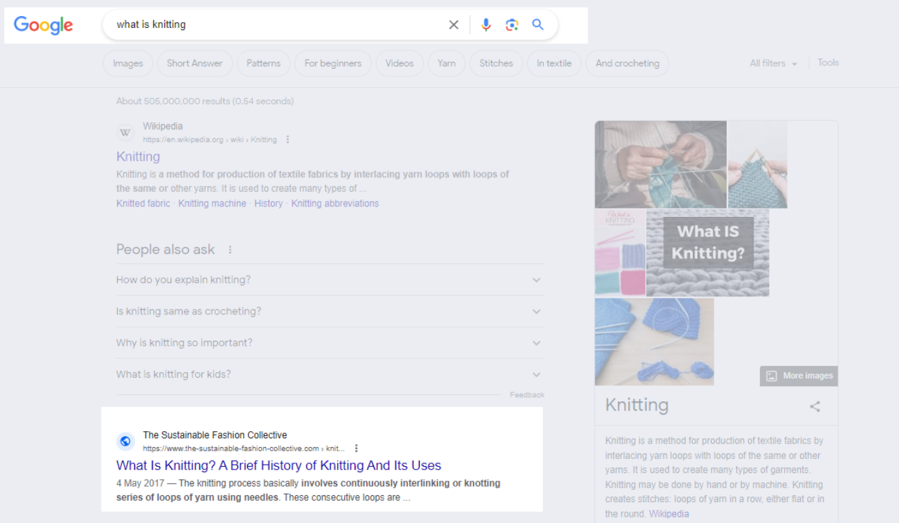 Screenshot of Google SERPs with a lightbox demonstrating how topical authority helps ranks