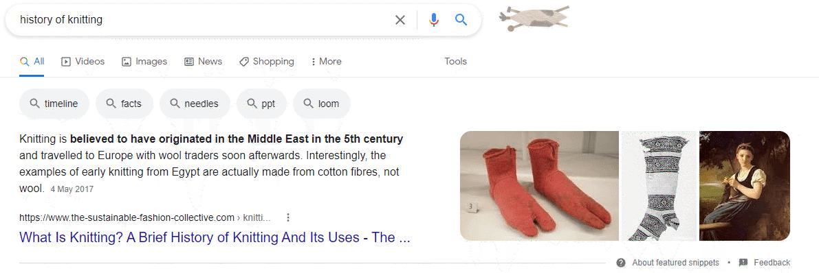 The keyword 'history of knitting' searched on Google.