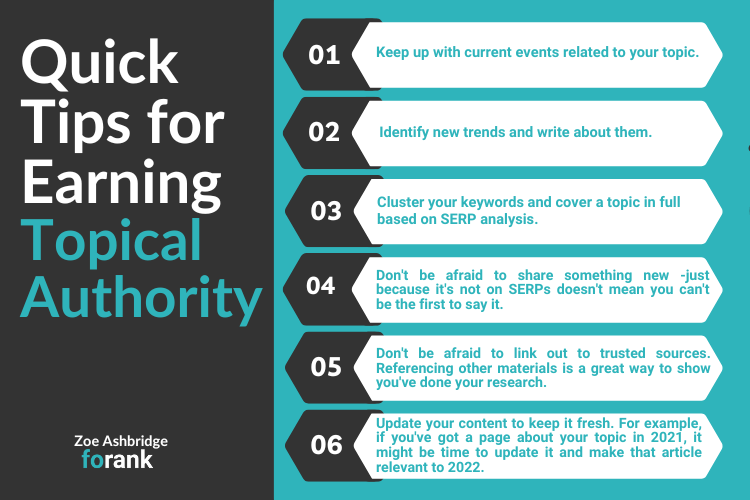 Infographic lists quick tips for earning topical authority