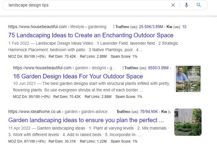 The keyword 'landscape design tips' searched on Google and the results that follow