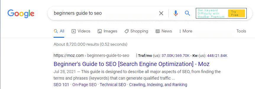 The keyword 'beginners guide to seo' searched on Google and the results that follow.