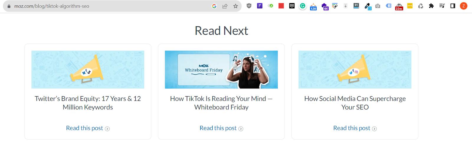 Screenshot shows Moz's read next section, a demonstration of internal linking done well for building topic authority