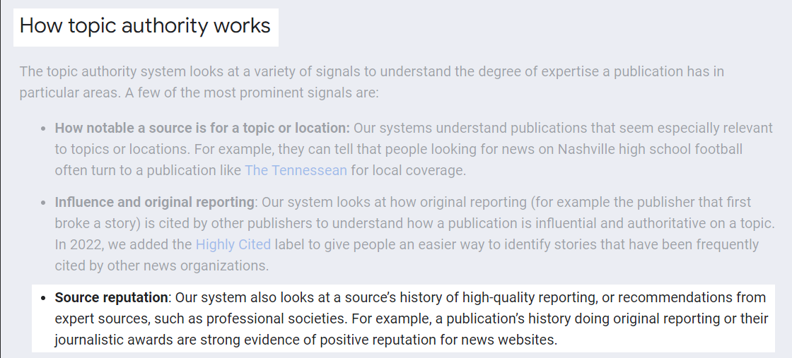 Screenshot of Google Seach Central Blog with lightbox highlighting the section related to source reputation for topical authority