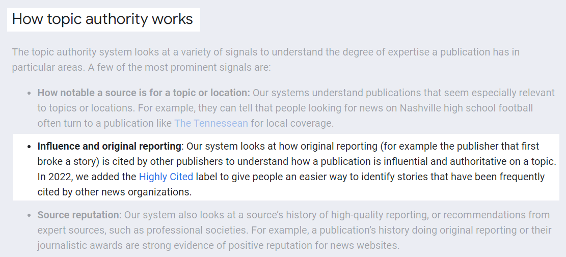 Screenshot of Google Seach Central Blog shows how backlinks have an impact on topic authority