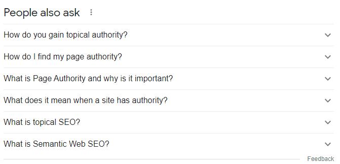Screenshot of the 'People also ask' feature on Google, showing questions relating to topical authority