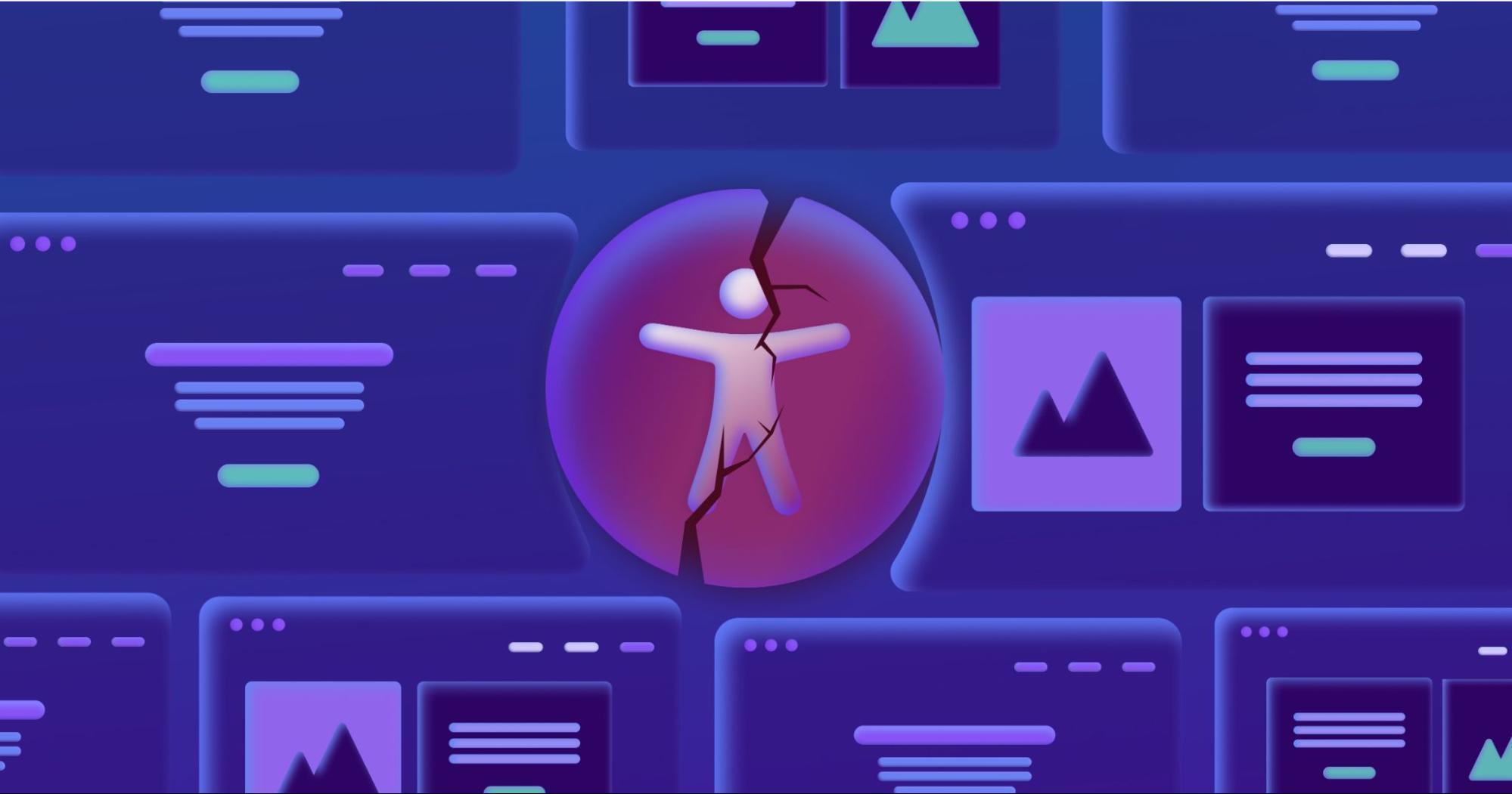 Illustration of the web accessibility icon in a pink circle with a crack through it, centered among web page examples.