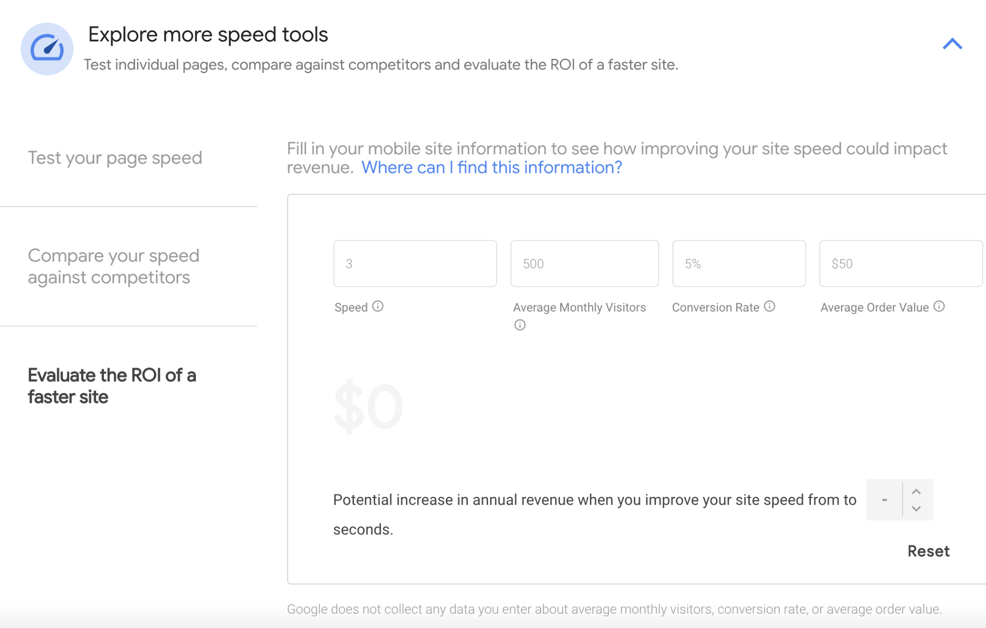 Screenshot of the Test My Site speed tool