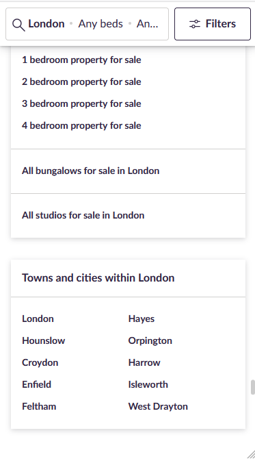 Sidebar links moved to the bottom of the page on Zoopla mobile.