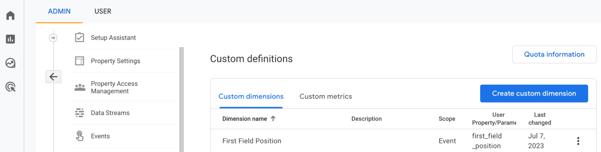 Screenshot showing custom dimension settings in GA4