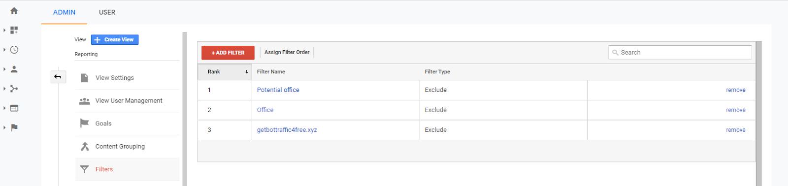 Screenshot of Google Analytics filter examples.