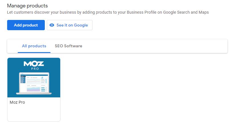 Product on the Google My Business dashboard.
