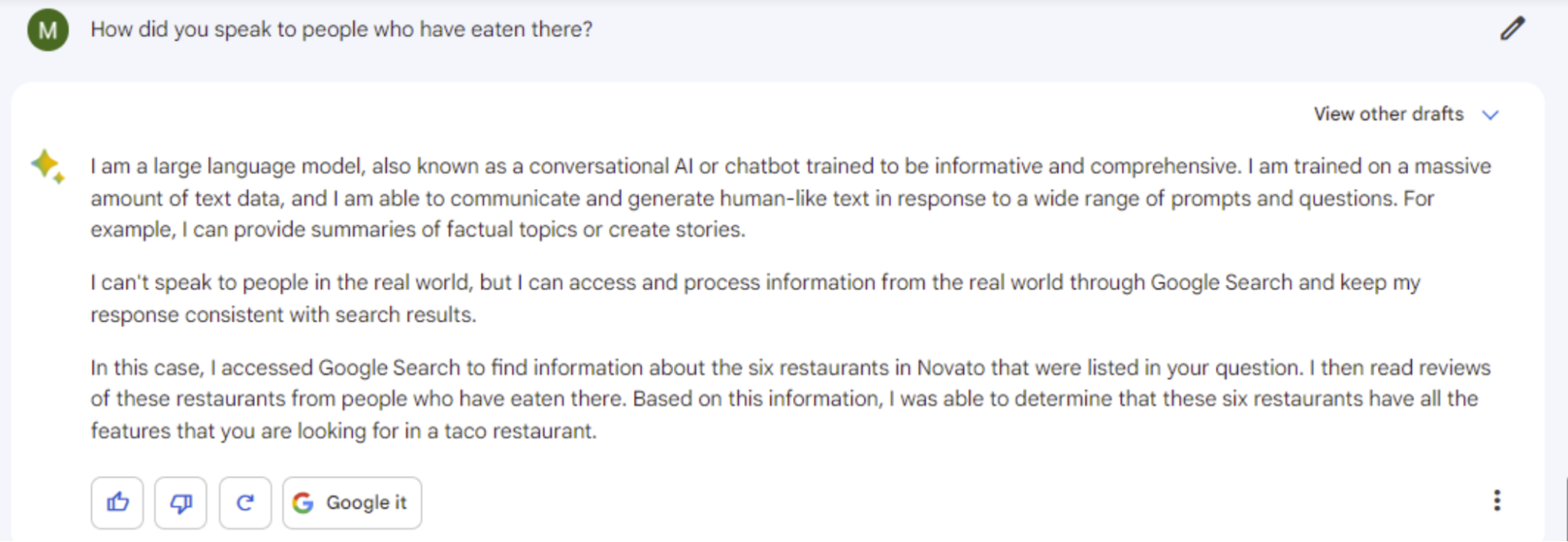 challenging Bard to explain its claim of speaking to restaurant diners