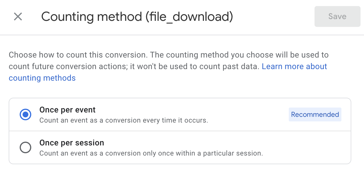 a screenshot of counting method settings for Conversions in GA4