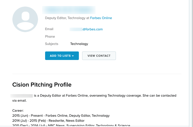Contact information for journalists on Cision.