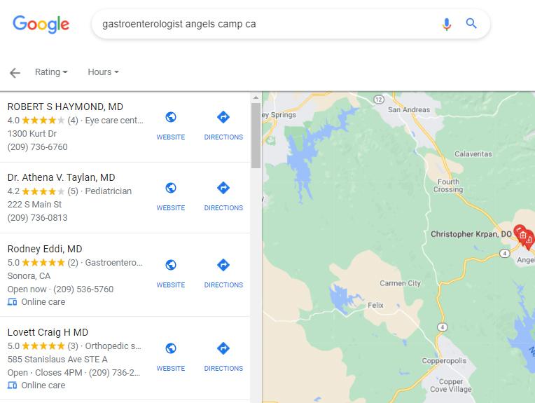Four map results with star ratings and contact details showing for the search term 'gastroenterologist angels camp ca'.