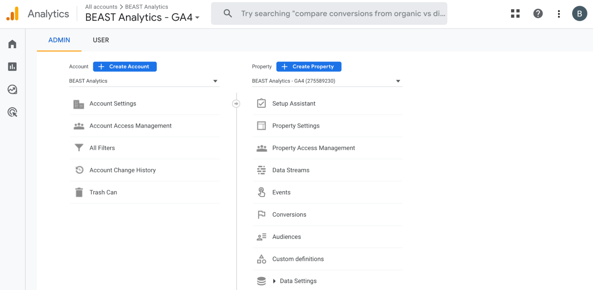 screenshot of admin section in GA4, showing an Account column and Property column