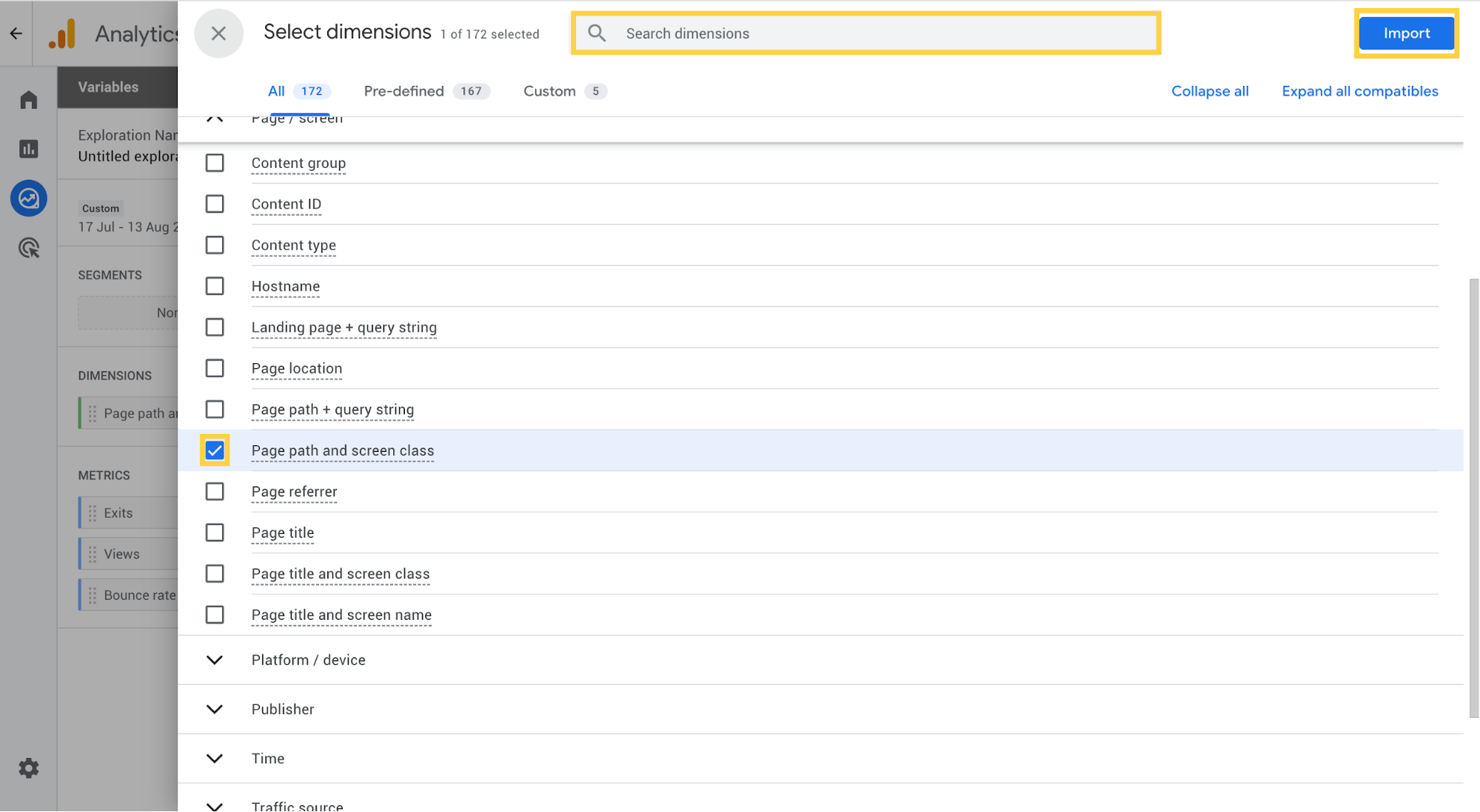 Screenshot of the dimensions options available to select in an Exploration table