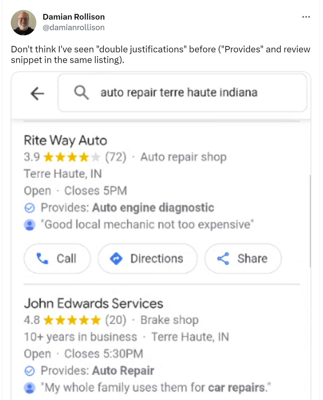 Damian Rollison captures a local pack in which the listings have two justifications instead of the typical single one.