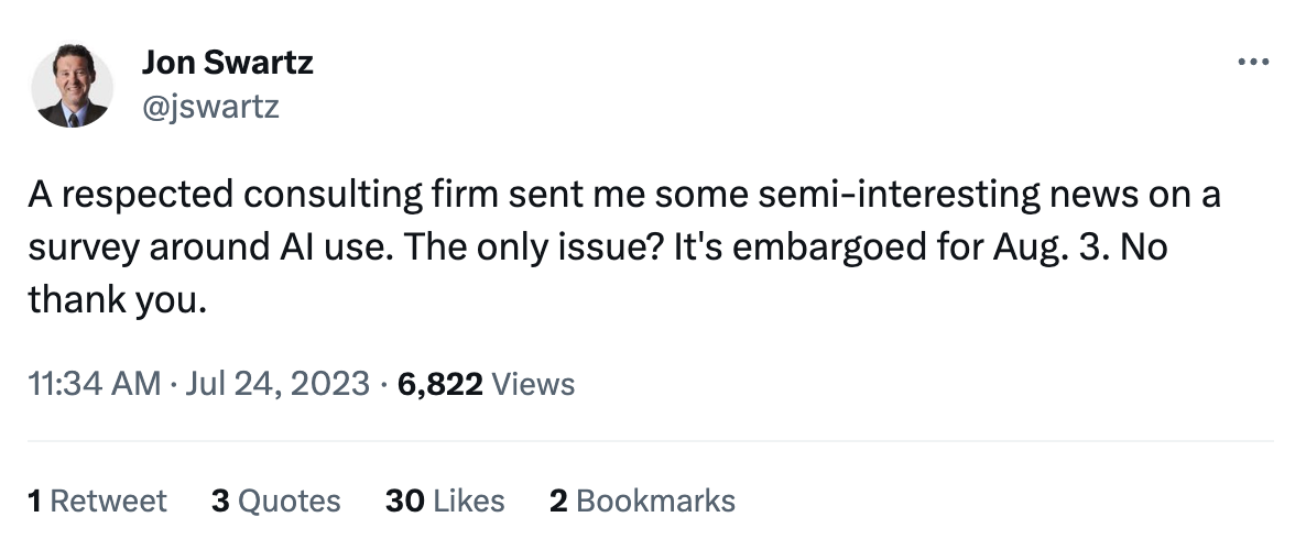 One journalist tweets about his disdain for PR embargoes.