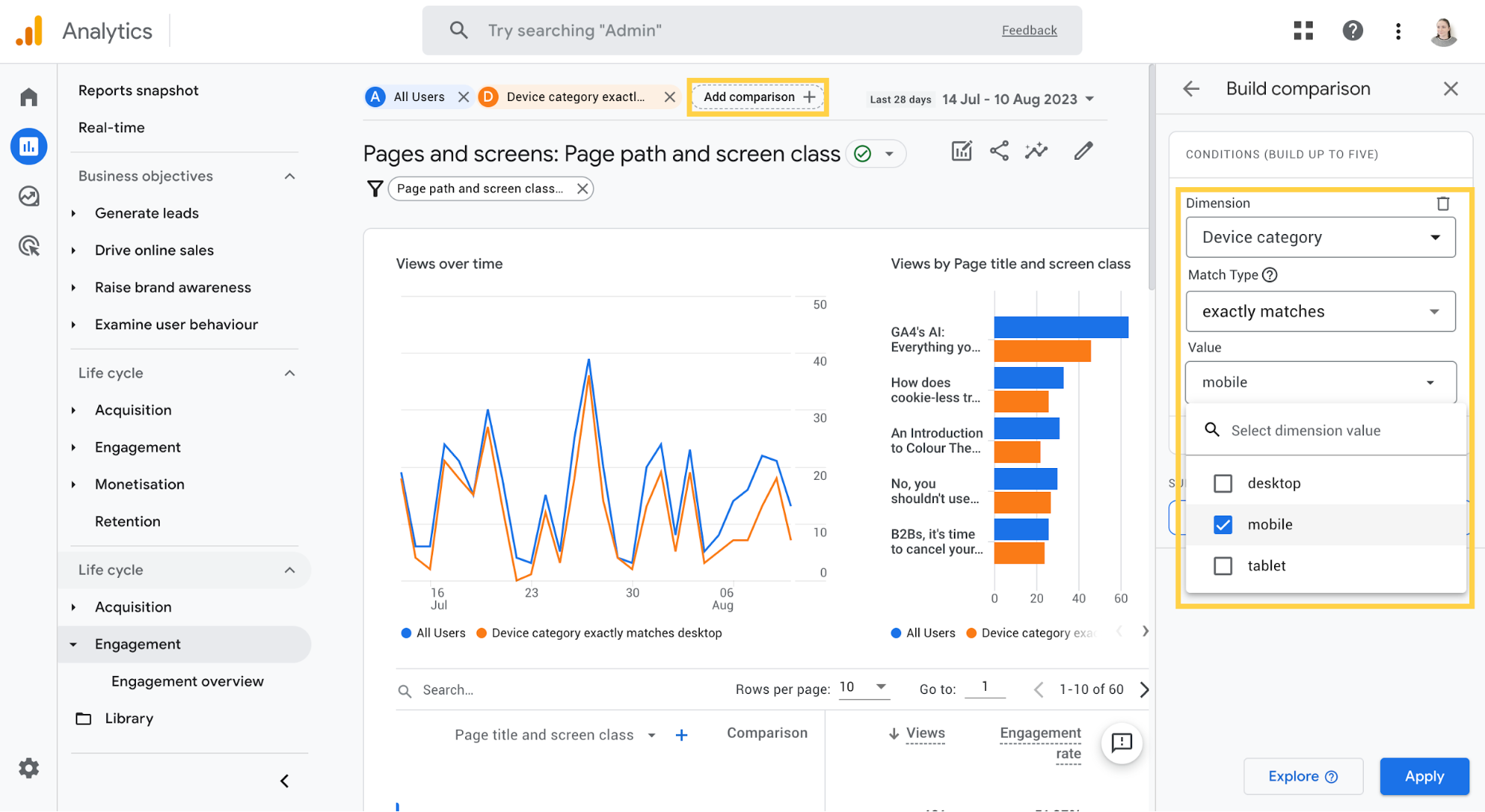 Screenshot of the Pages and screens report in GA4, using comparisons to show how data differs between different devices
