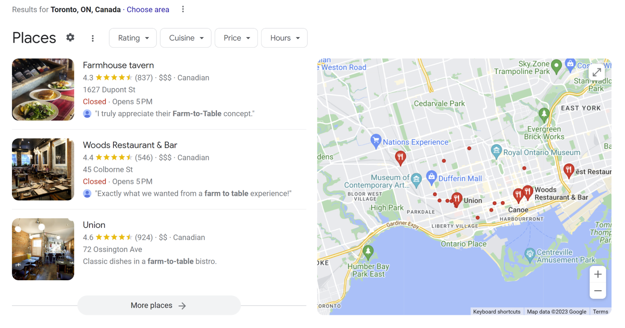 A Google local pack result in Toronto for the query 'farm to table restaurants'
