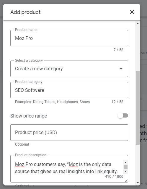 Adding a product description for a product in Google Business Profile.