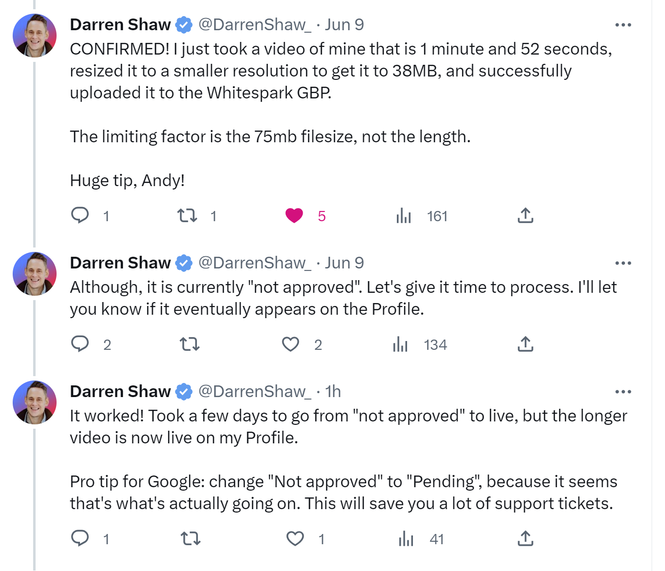 Darren Shaw's experimentation shows that he was able to add a video of more than 30 seconds in length by keeping the file size to 75 mb.