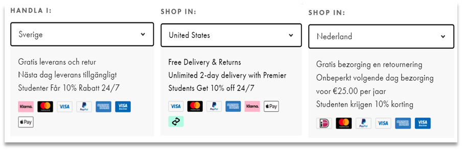 An example of the ASOS website with different payment methods depending on the country.