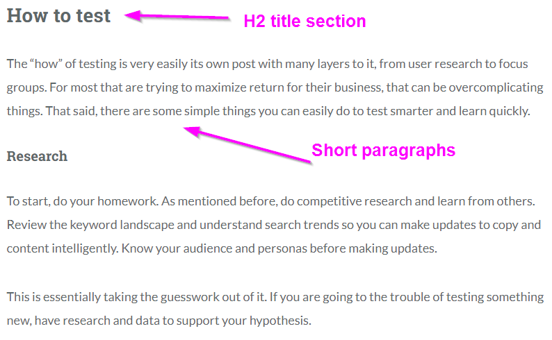 Example of text being broken up by using a H2 tag.