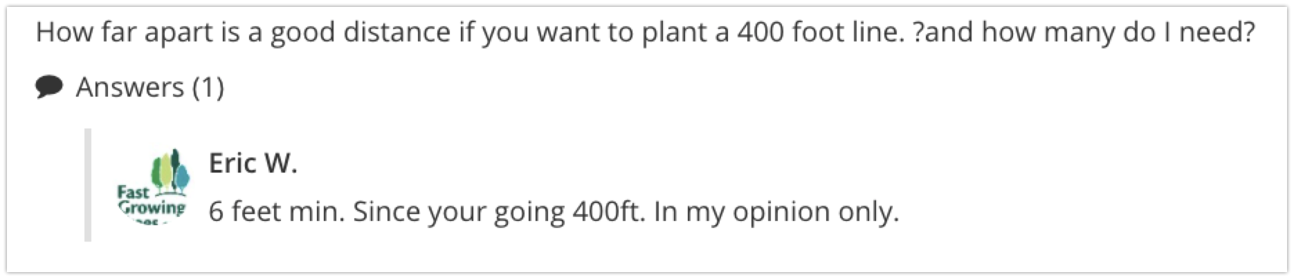Customer asking a question about planting trees in a 400m line.