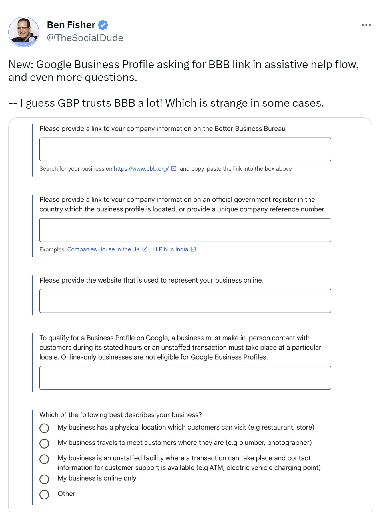 Ben Fisher's tweet showing Google asking for your BBB link in a troubleshooting form.