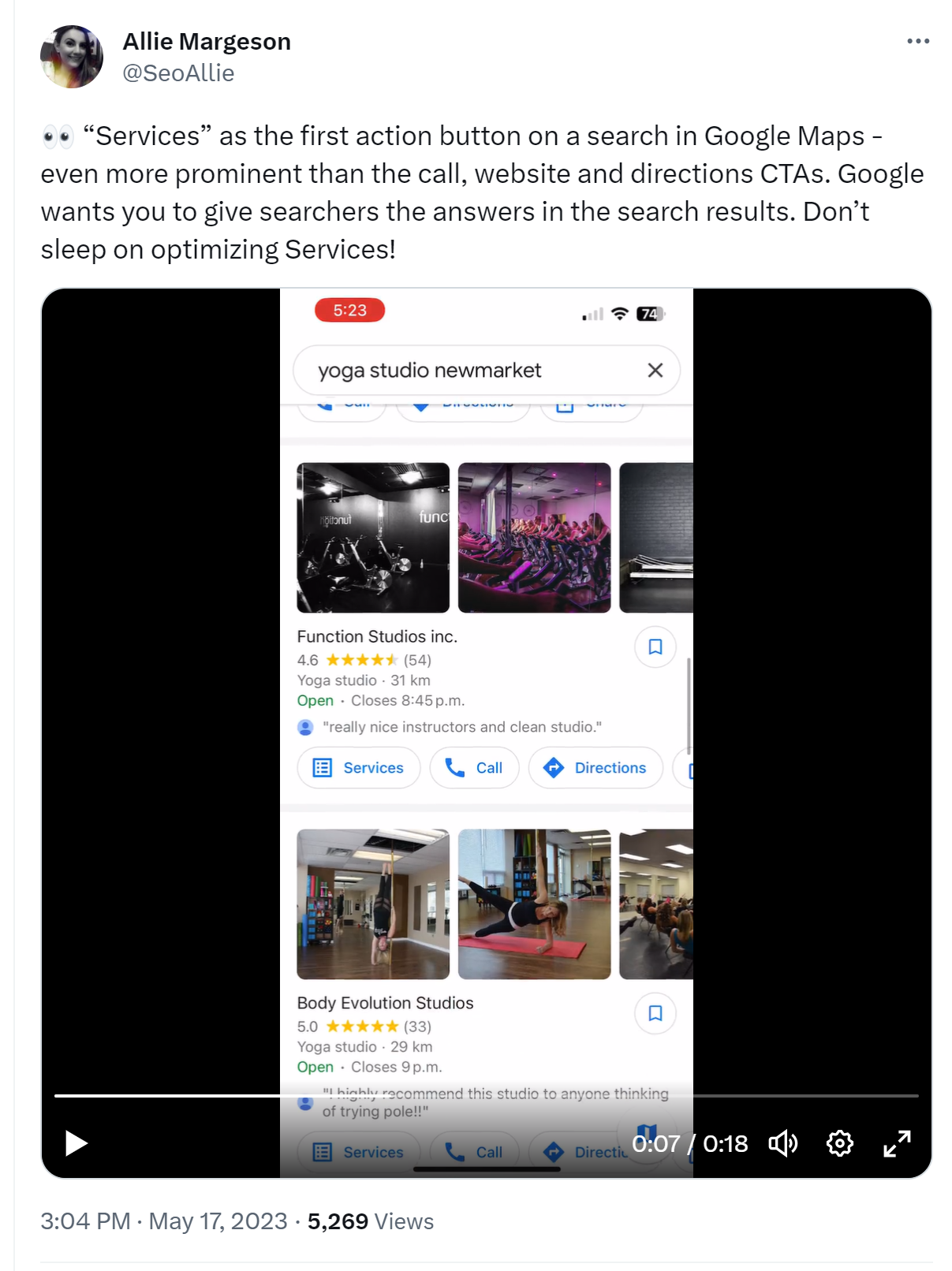 Screenshot showing services being shown before call buttons on some Google Maps listings