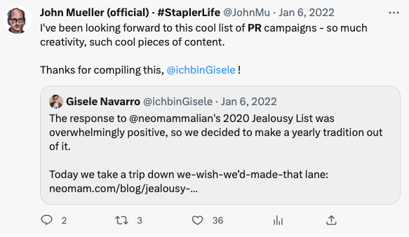 John Mueller comments on a cool list of Digital PR campaigns