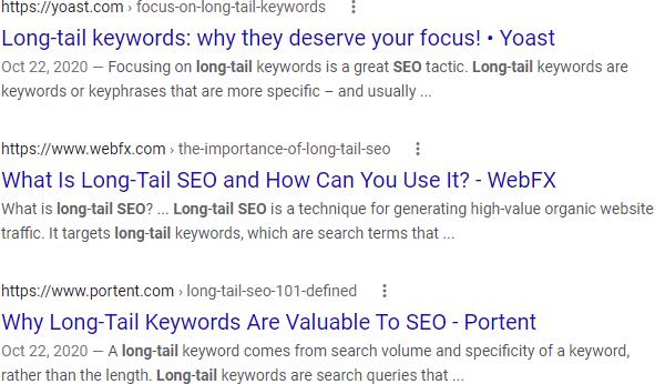 Google SERP for long tail SEO -site:moz.com