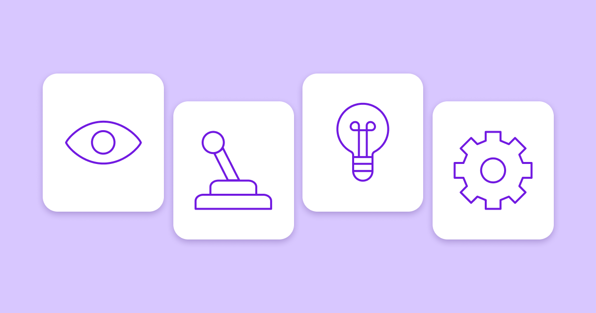 Four white boxes on a purple background, each containing one of four illustrations: an eye, a joystick, an lightbulb, and a gear.