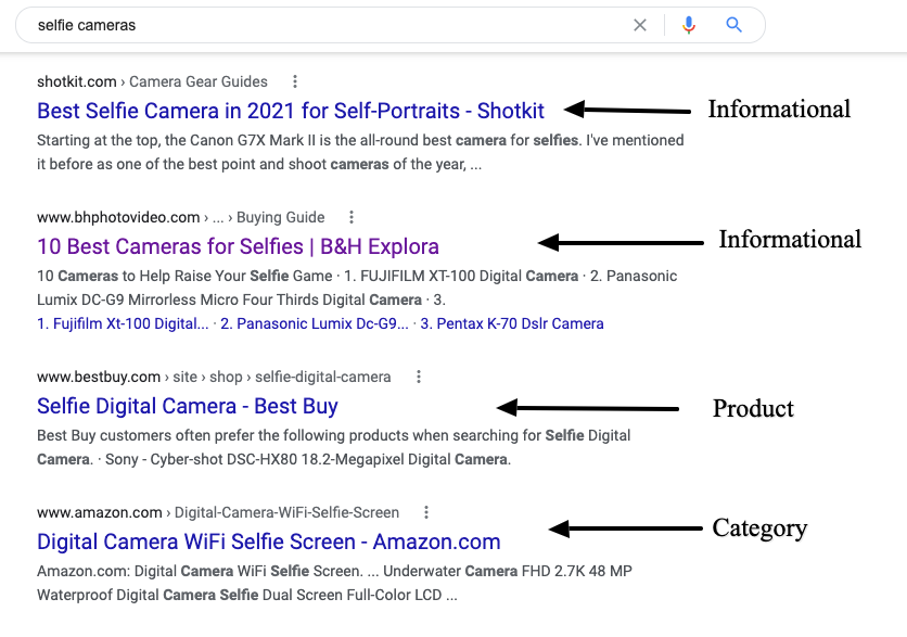 Informational, product and category style results for a selfie camera.
