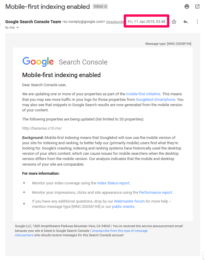 Email from the Google Search Console team about mobile-first indexing.