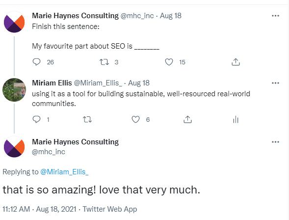 Twitter conversation between Marie Haynes and Miriam Ellis on their favorite part of SEO.