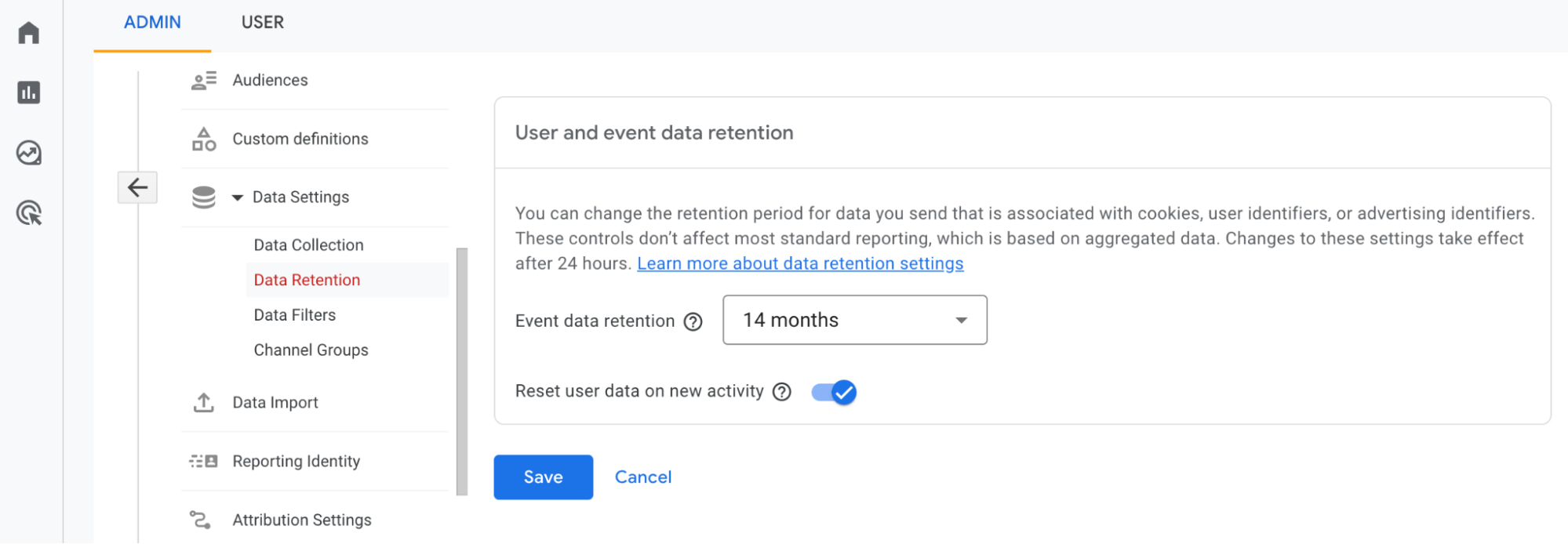 screenshot showing data retention settings in GA4