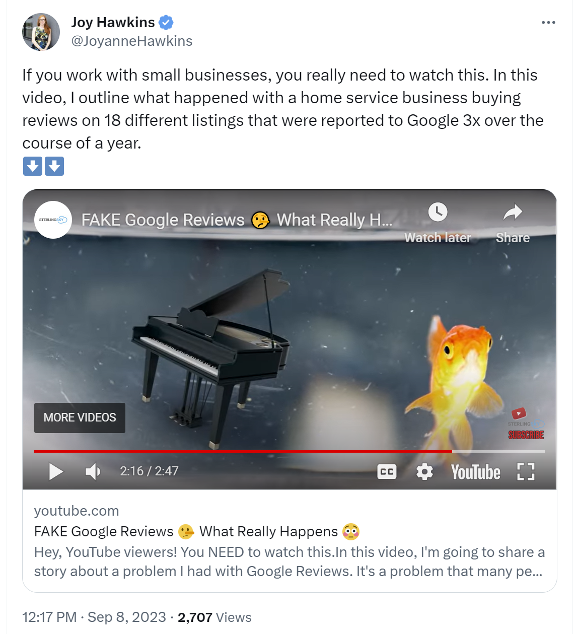 Tweet in which Joy Hawkins explained that spam reviewers experienced no lasting consequences despite being reported three times.