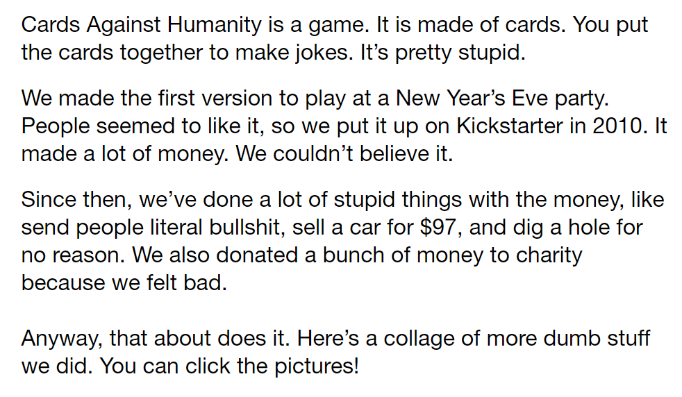 A screenshot of the About Us page on the Cards Against Humanity site in 2023.