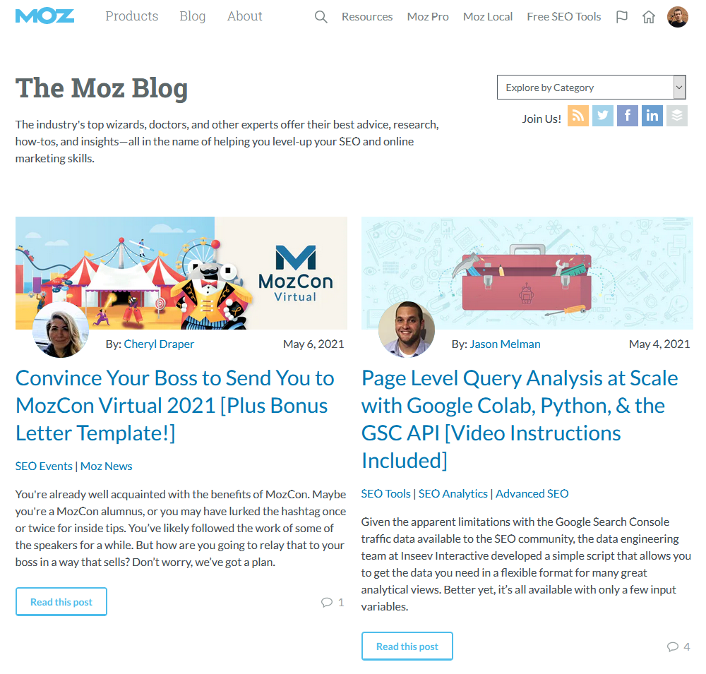 Screenshot of the Moz blog.