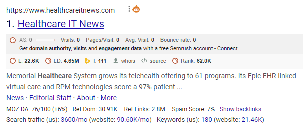 Screenshot showing news search intent for the keyword 'healthcare IT'