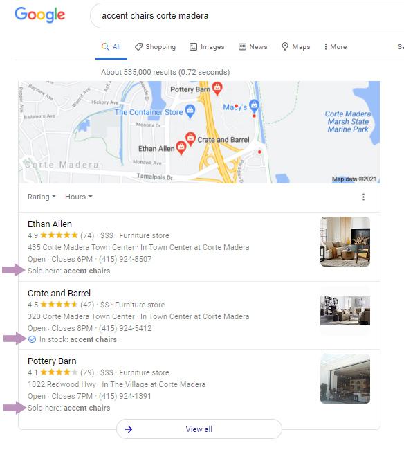 Google SERP for accent chairs corte madera.