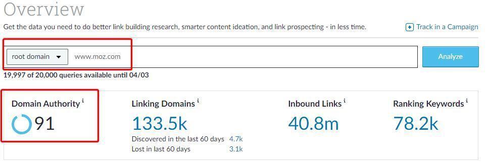 The Domain Authority of moz.com displayed in Moz Pro