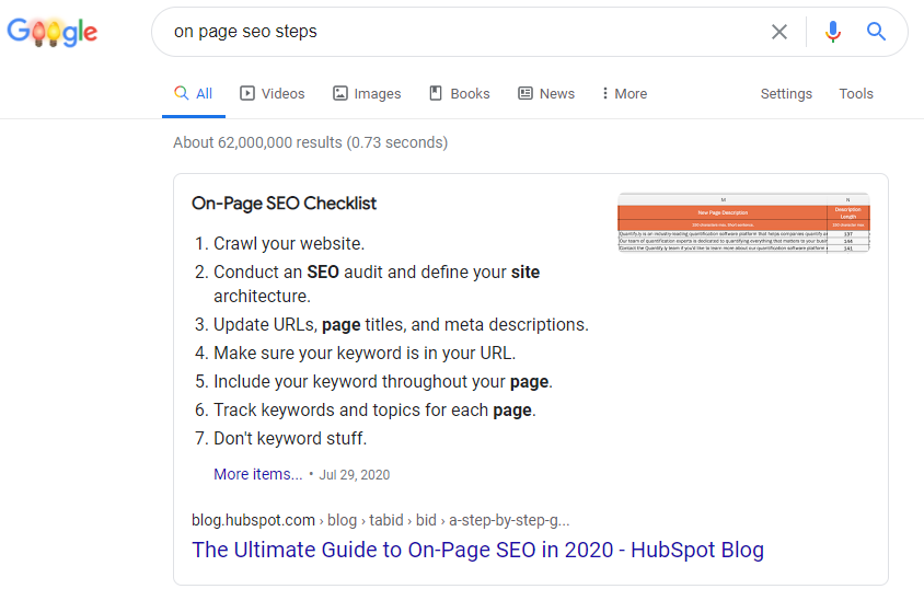 On-page SEO steps list featured snippet.