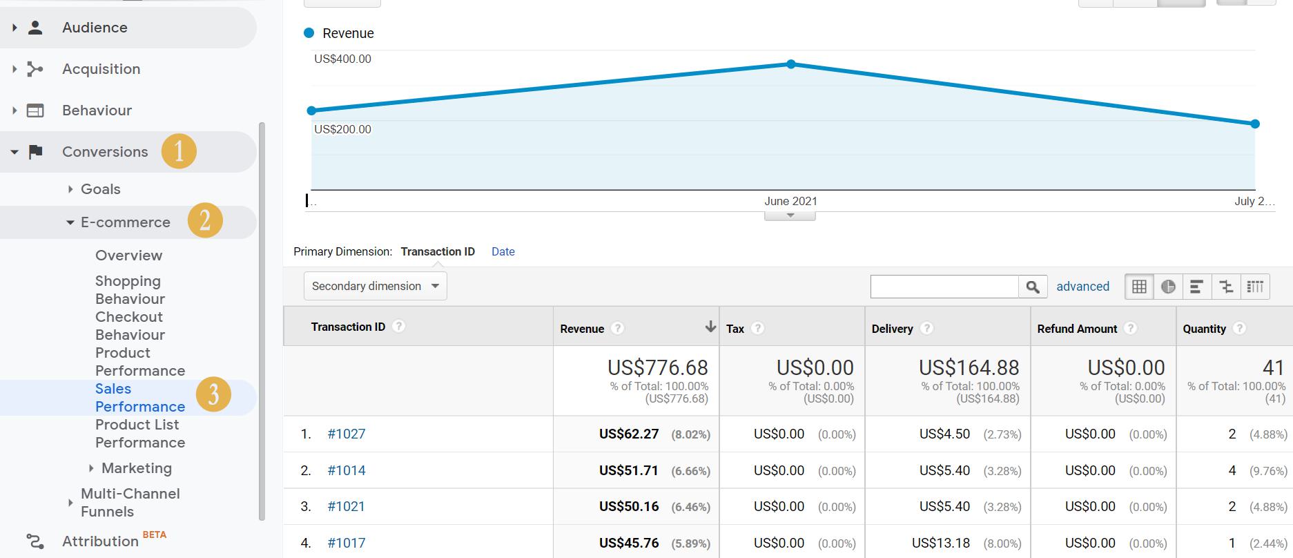 Sales Performance in Google Analytics.