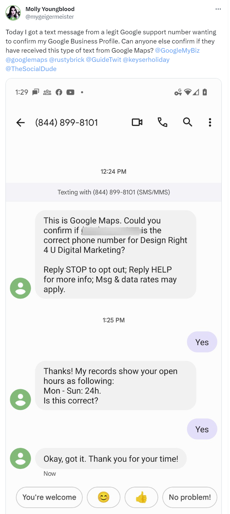 Screenshot of Google texting a business owner to verify that their hours and open days are listed correctly.
